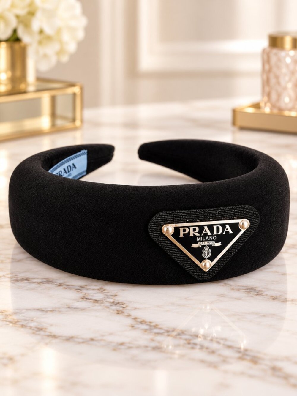Black Wide Padded Headband with Triangle Logo Plaque Statement Hair Accessory